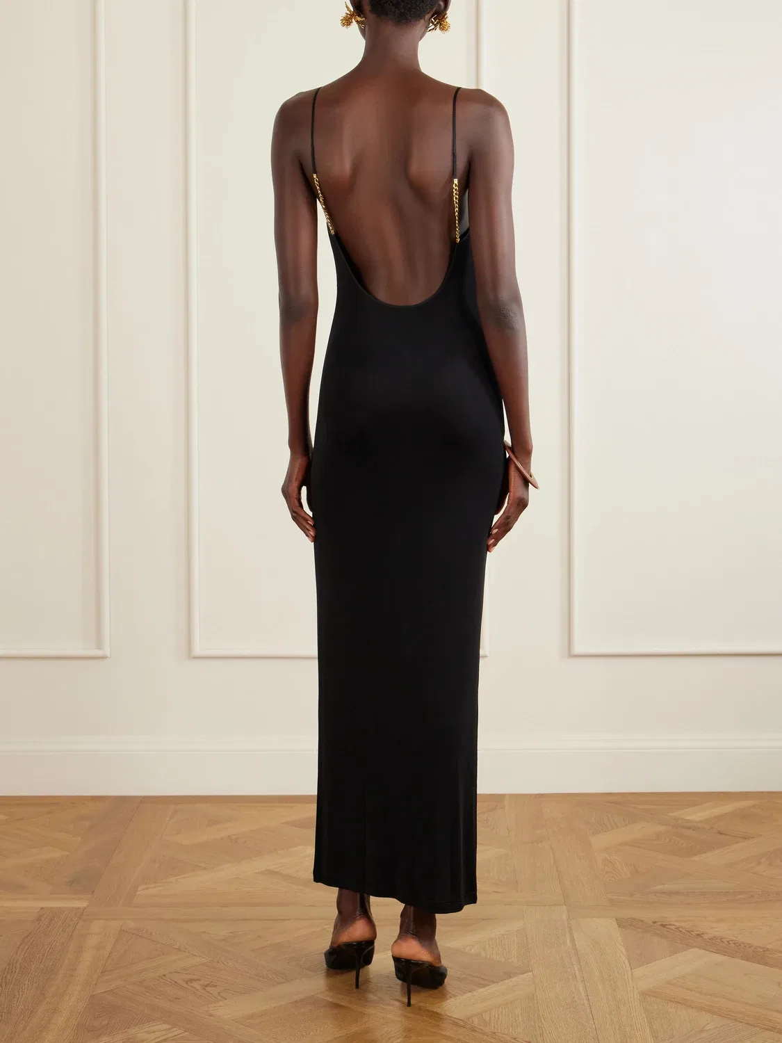 Макси-платье из джерси с отделкой SAINT LAURENT, черный — фото 3