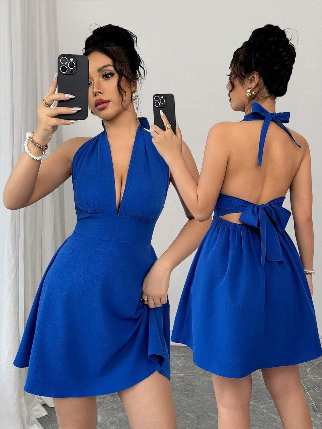 Женское A-силуэта платье без спины и рукавов на завязках, Blue — фото 4