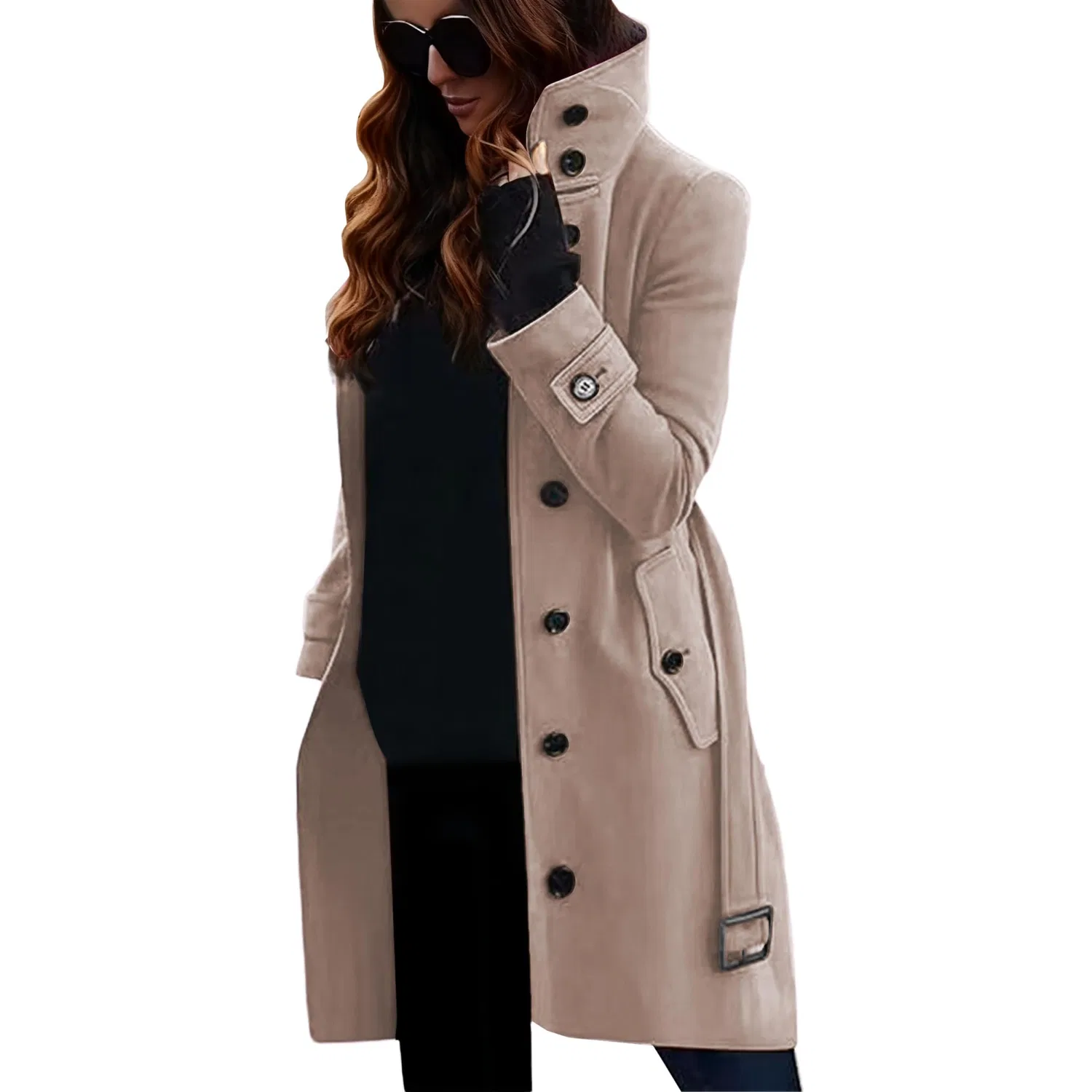 Женское зимнее пальто с воротником и однобортной застежкой, dark khaki