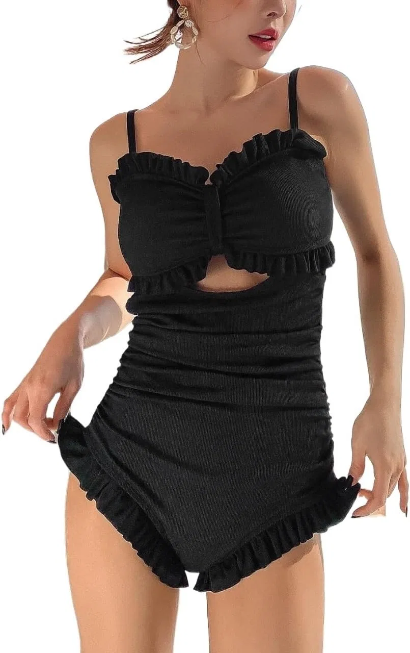 Женский монокини с рюшами и шнуровкой, Black
