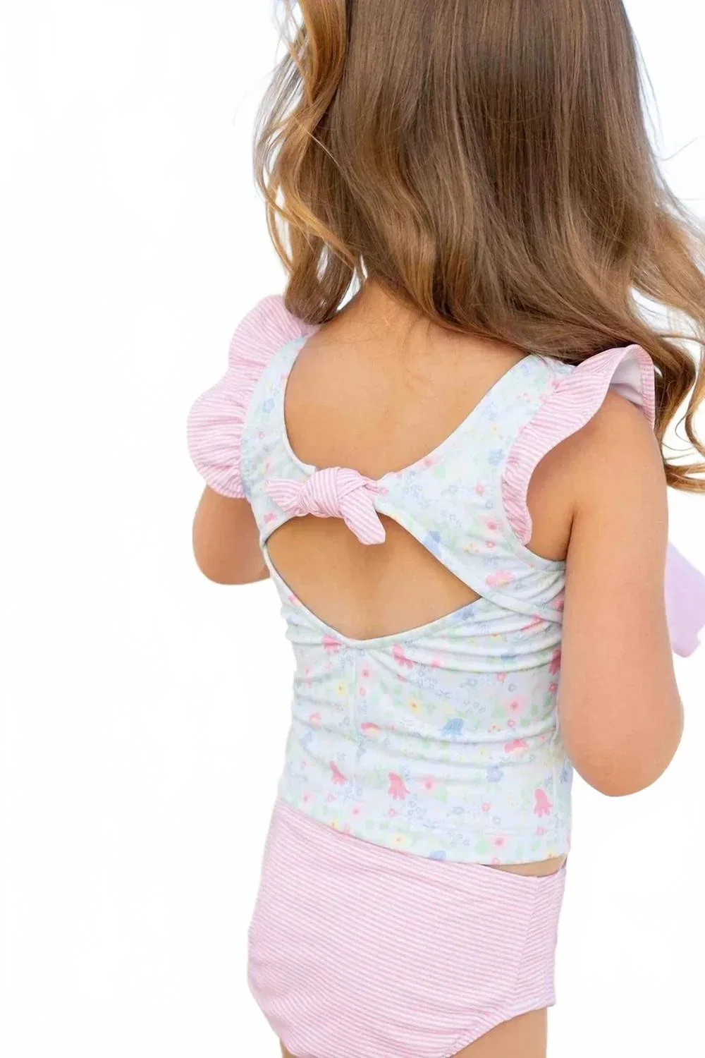 Детский раздельный купальник танкини с цветочным принтом и оборками Girls Floral Print Tankini Swimsuit Florence Eiseman, Light Blue — фото 2