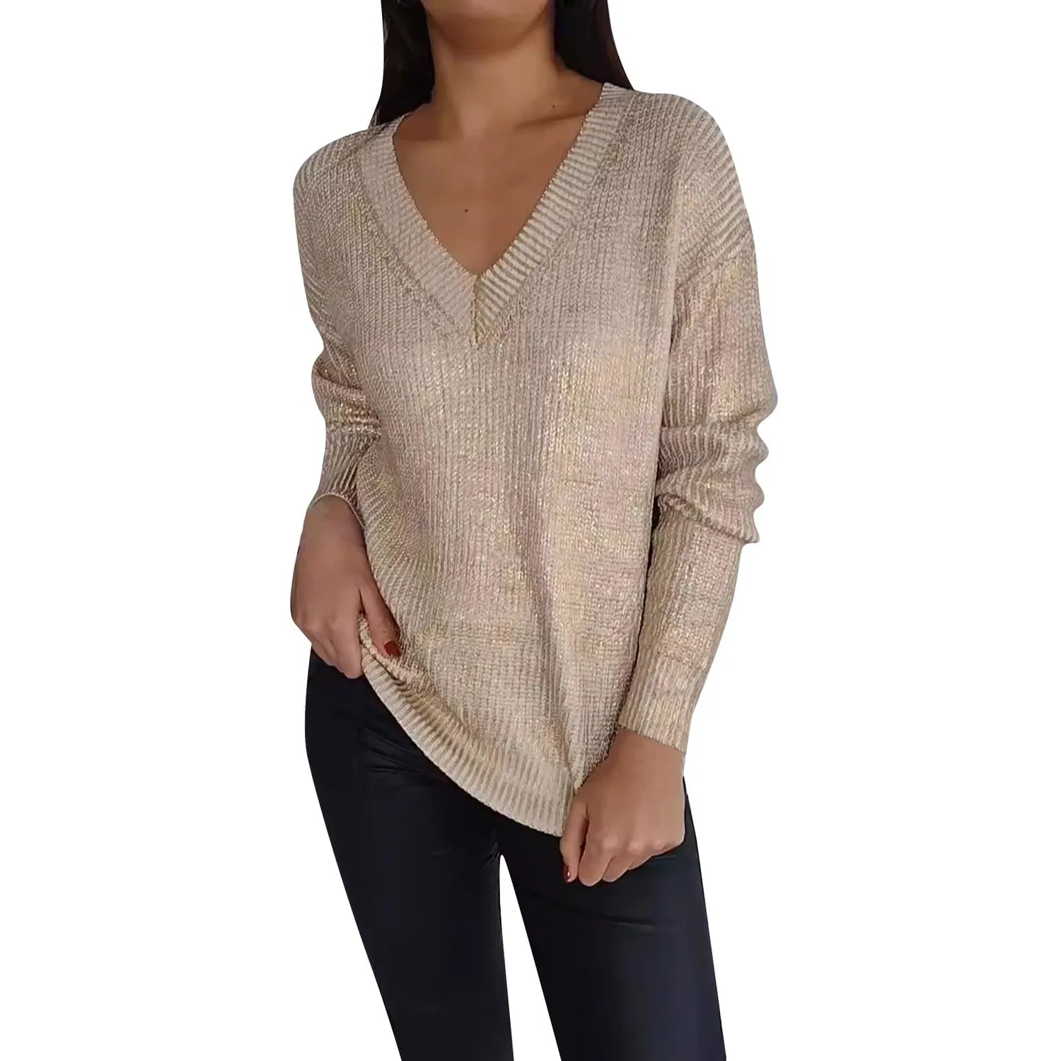 Женский свитер с длинным рукавом с блестками, Dark Khaki