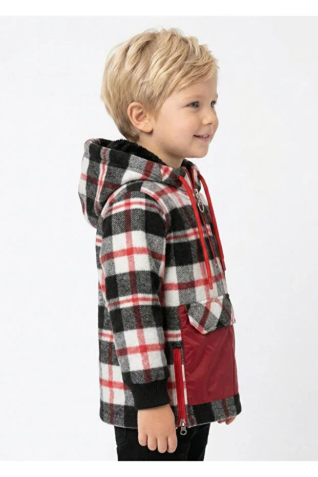 Детская рубашка с принтом Boys' half-zip hooded red plaid lumberjack shirt Doctor Junior, Red — фото 2