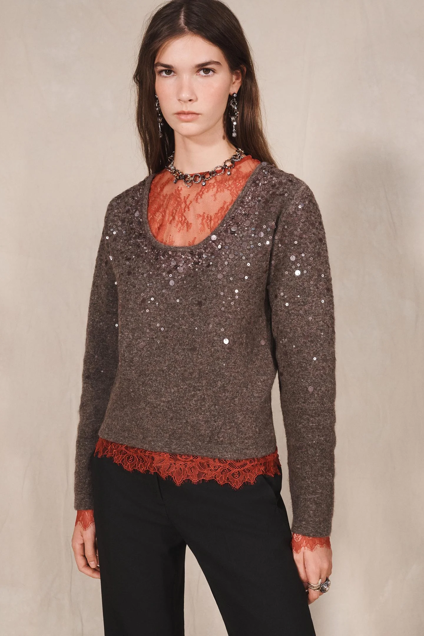 Джемпер Zara из шерсти с пайетками, коричневый