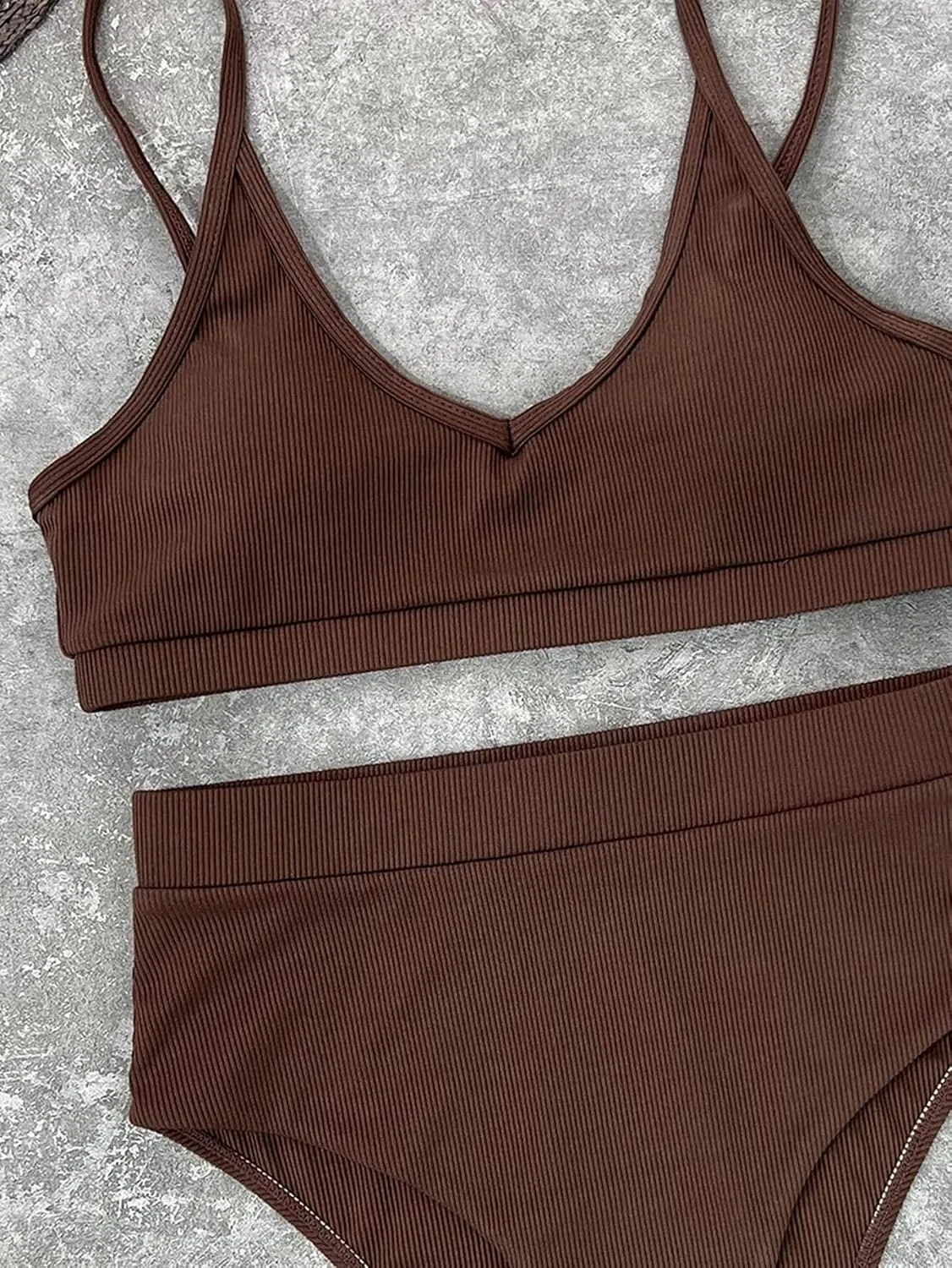Женский бикини-сет с высокой талией Rib-Knit, Coffee Brown — фото 2
