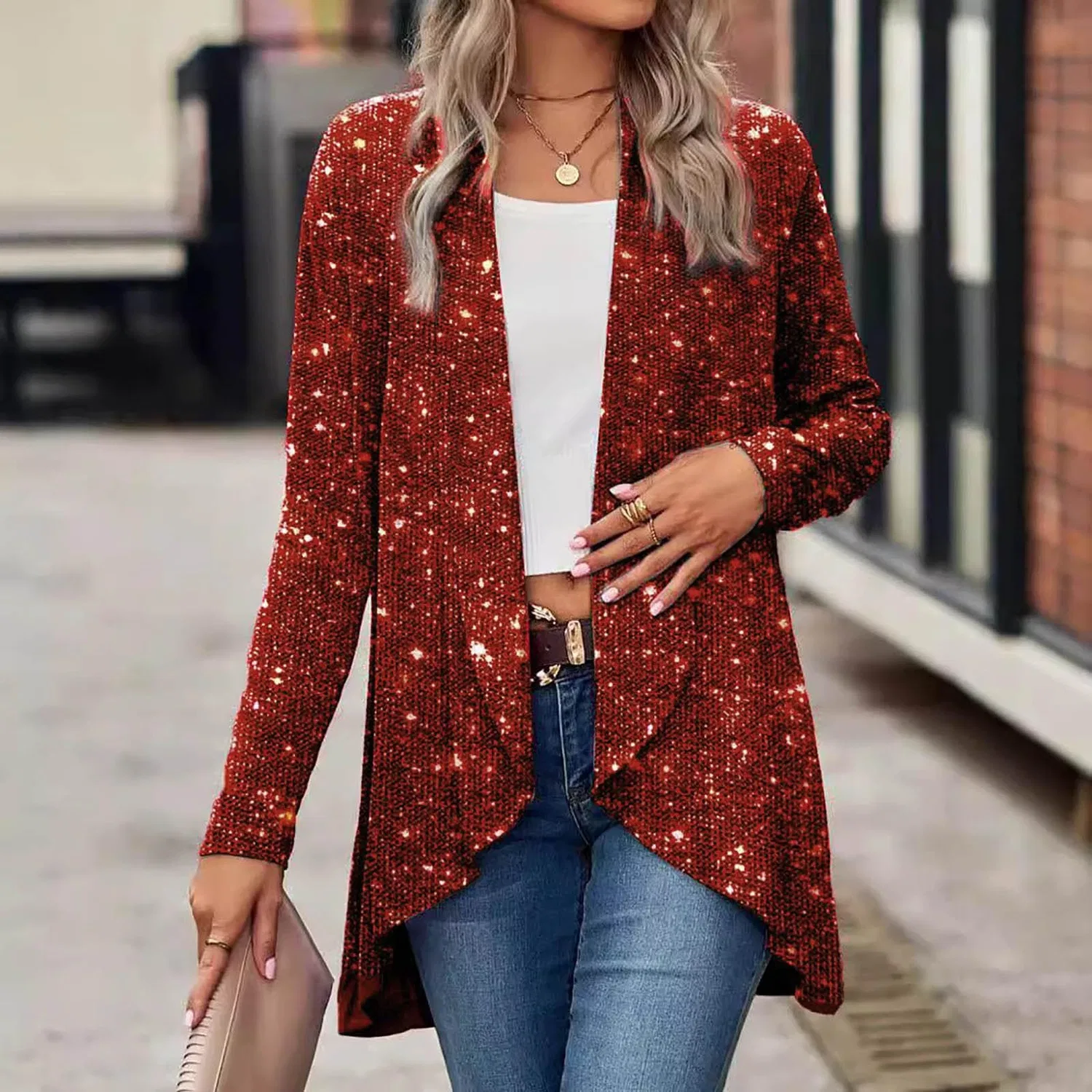 Женское пальто с пайетками Cappotto irregolare casuale di modo di colore solido di paillettes 2025, Rosso — фото 2