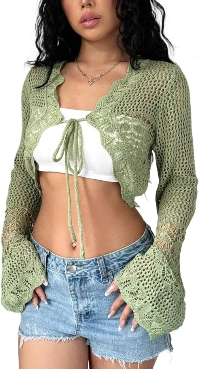 Женский удлиненный кардиган с открытым передом, модель Hollow Knit Crop, цвет Green
