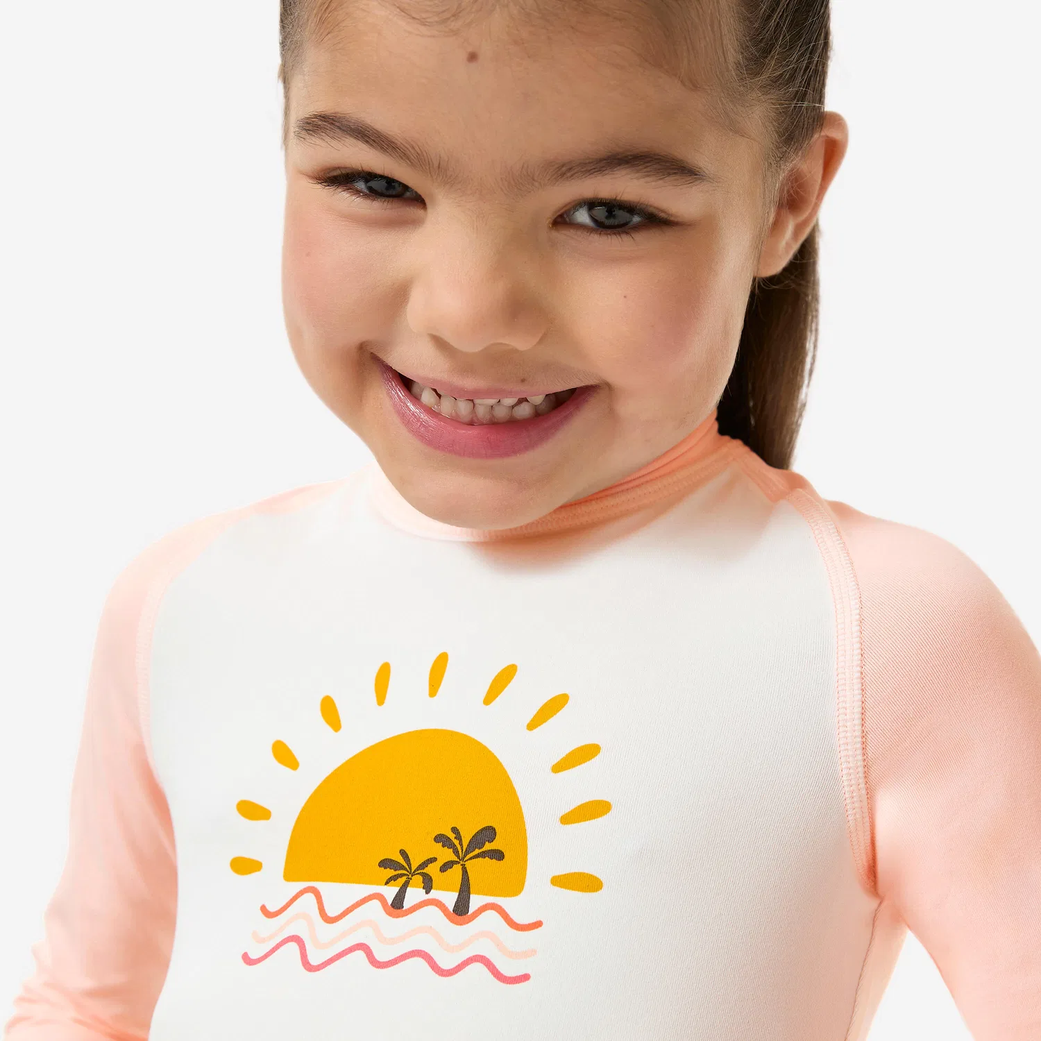 Детский UV-купальник с длинным рукавом Decathlon, Бледный Коралловый Оранжевый / Флуоресцентный Бледно-розовый / Ультрабелый — фото 3