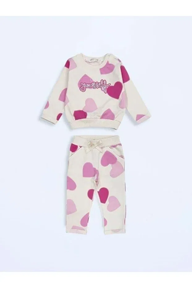 Детский спортивный костюм для девочек с принтом Girl'S Cotton Heart Patterned Tracksuit Set Zekids, Colored