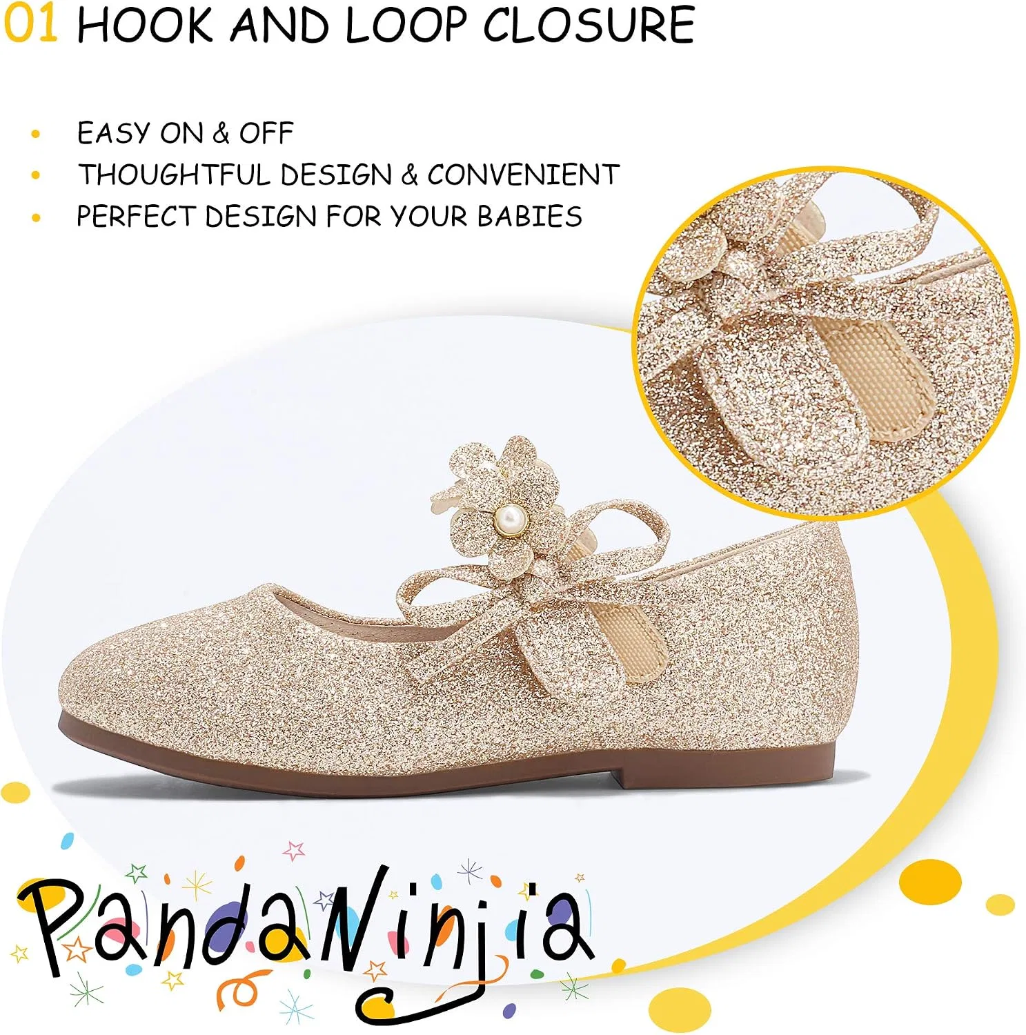 Детские туфли-балетки для девочек с жемчугом PANDANINJIA, Gold Glitter — фото 3