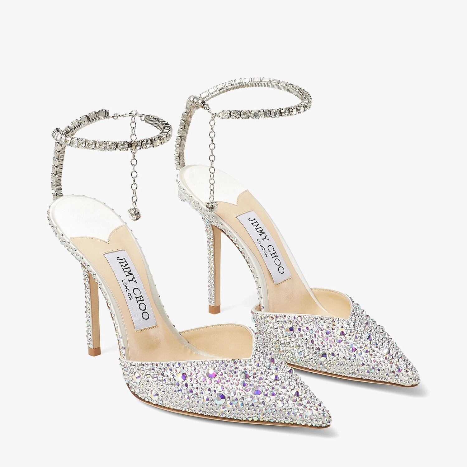 Атласные туфли Jimmy Choo Saeda 100, кремовый/кристаллы — фото 2