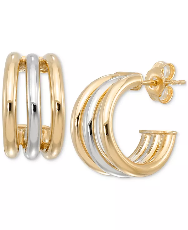 

Полированные тройные сверхмаленькие серьги-кольца из 10-каратного белого и желтого золота, 0,39 дюйма Macy'S, two-tone