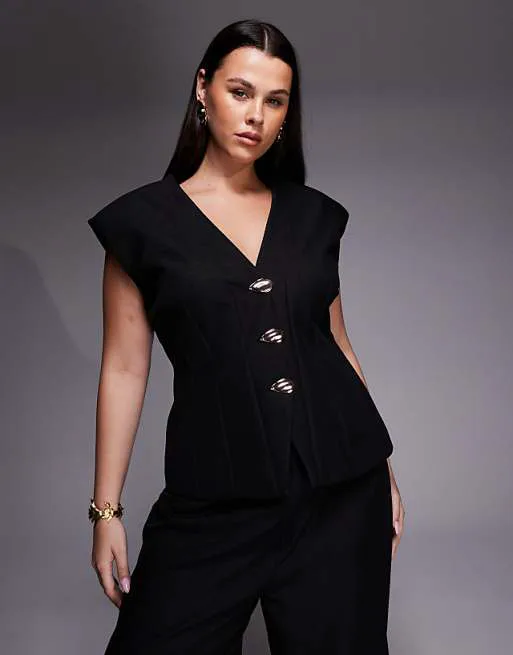 

Черный льняной жилет с завязками ASOS LUXE Curve