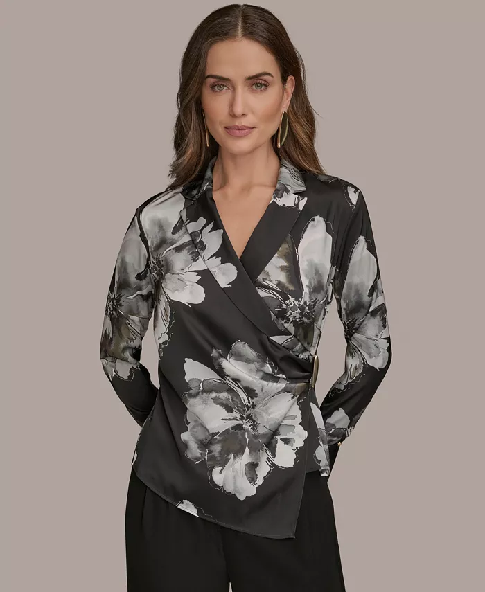 

Женская блузка с длинным рукавом и принтом, воротником-шалью Donna Karan New York, черный