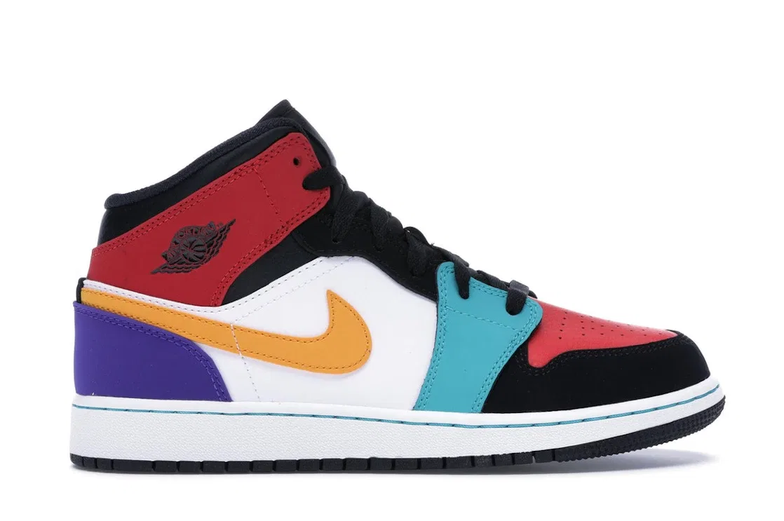 Детские кроссовки с разноцветным дизайном Jordan 1 Mid Jordan, White/University Red-Black-Turbo Green