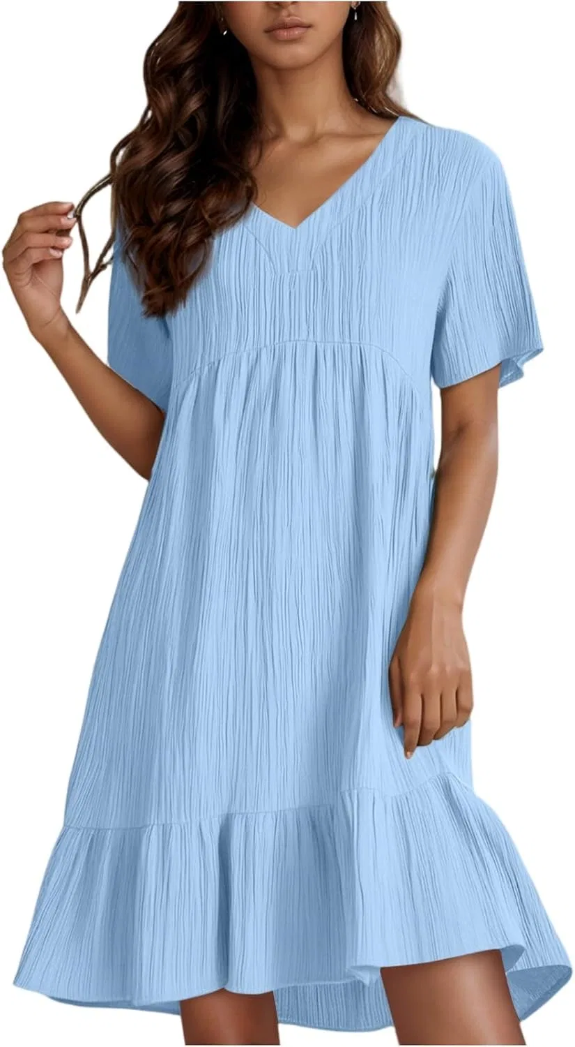 Женское мини-платье свободного кроя с V-образным вырезом Generic, Light Blue