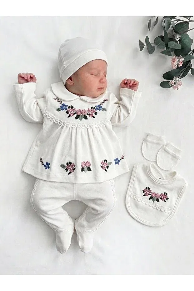 Детский комплект для новорожденных из 5 предметов хлопковый Panfilia, White-Pink-Green