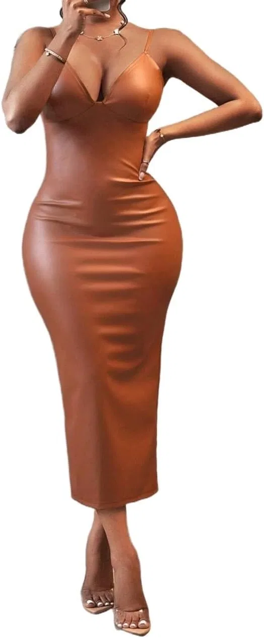 Женское миди платье с бретелями-спагетти PU, Brown