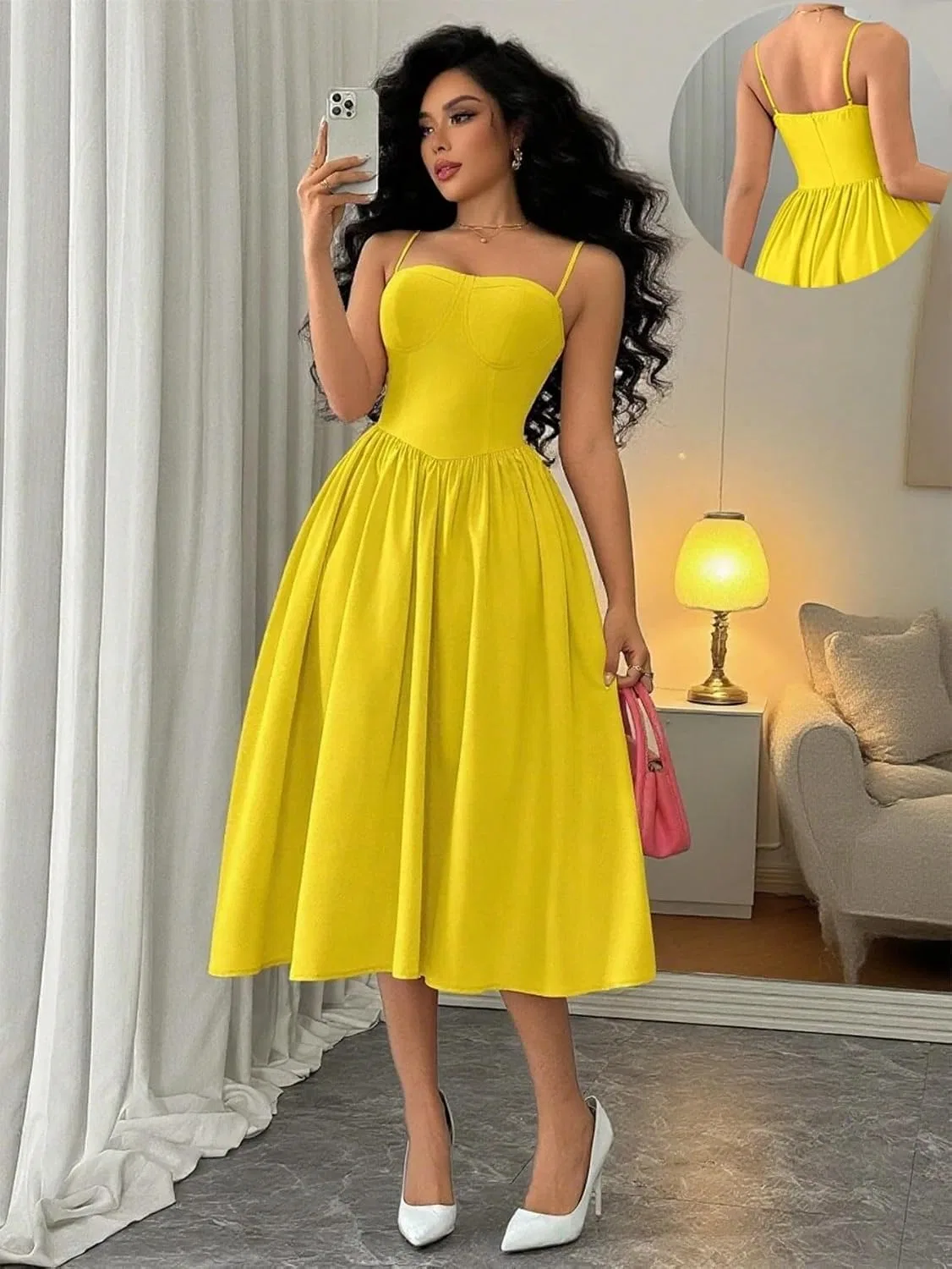 Женское платье миди на бретелях с открытой спиной Flared, Yellow — фото 3
