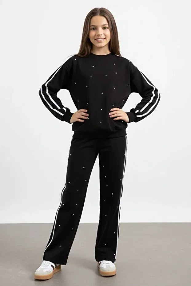 Детский комплект для девочек с принтом Black Pearl Embroidered Crew Neck Girls' Striped Tracksuit Set Cansın Mini, Black
