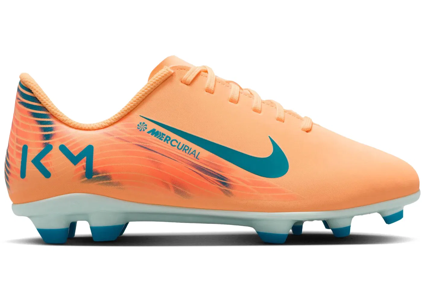 Детские бутсы Kylian Mbappé Nike Zoom Mercurial Vapor 16 Club FG, Melon Tint/Igloo/Neo Turquoise