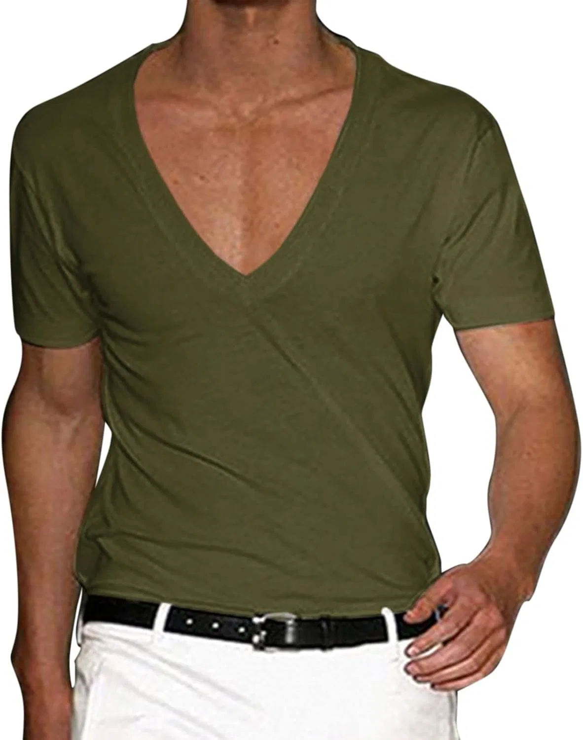 Мужская футболка с V-образным вырезом облегающая, Army Green