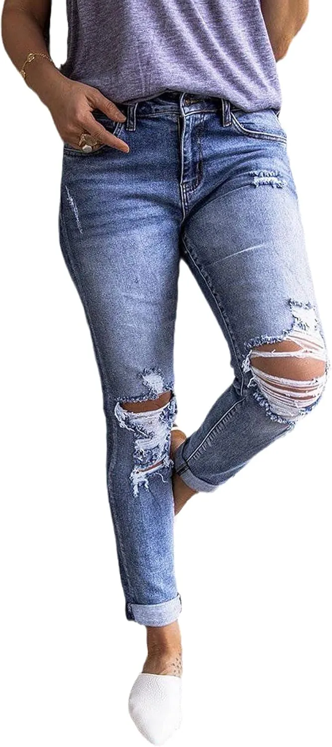

Женские джинсы Casual High Waist Boyfriend Washed Distressed Ripped TACSTRUN