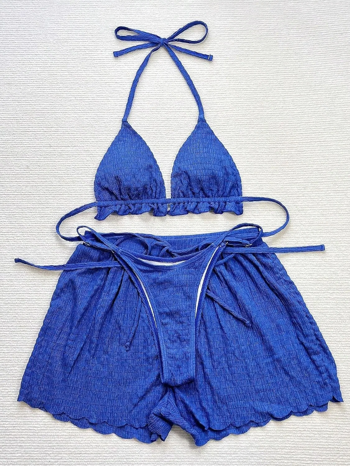 Женский бикини-комплект с высокой талией и завязками на спине, 3 предмета, Royal Blue — фото 4