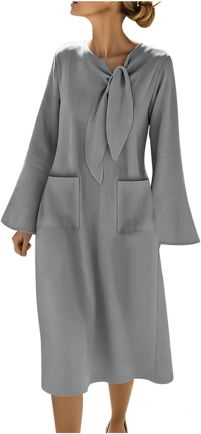 Женское летнее платье миди с рукавами-фонариками Linen Elegant, Gray