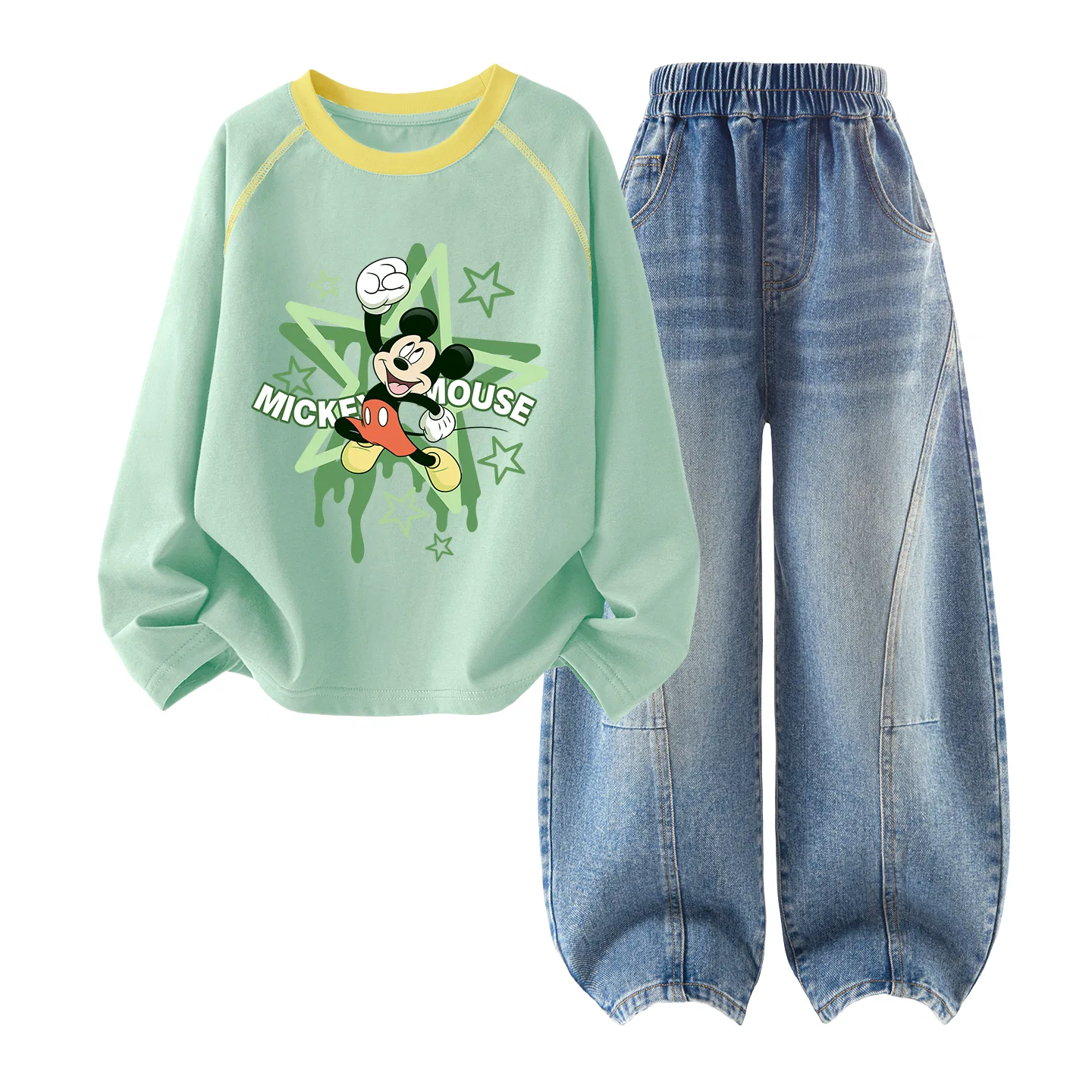 Детский спортивный костюм с принтом Disney Kids Casual Sportswear, Цвет Di Sheng Quan Spring Sprout Green+Solid Color Denim Light Blue