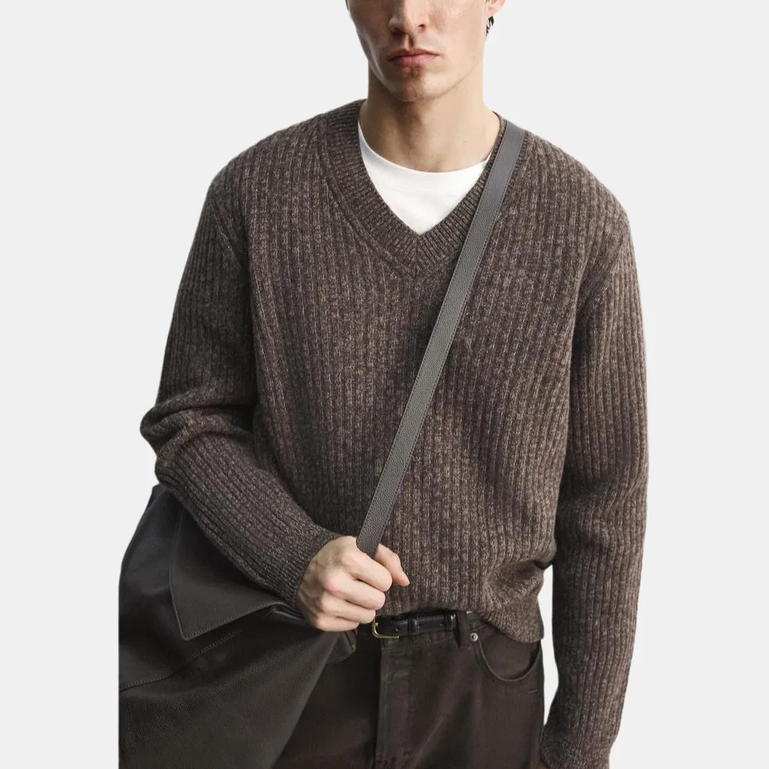 Мужской свитер с V-образным вырезом Brown ZARA, Brown — фото 4