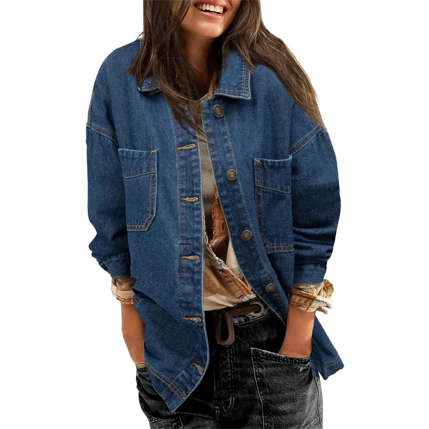 Женское джинсовое пальто oversize с длинным рукавом, Blu scuro