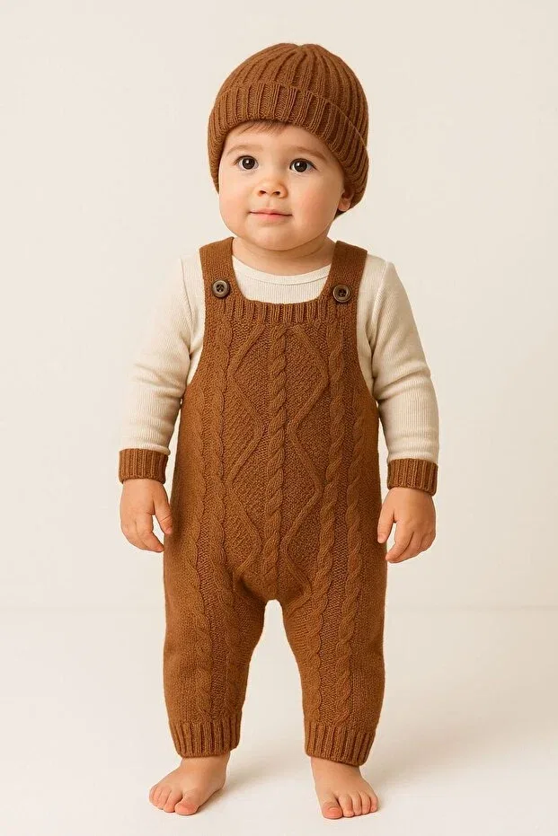 Детский комбинезон для мальчиков вязаный с шапкой Minytrendy, Brown — фото 2