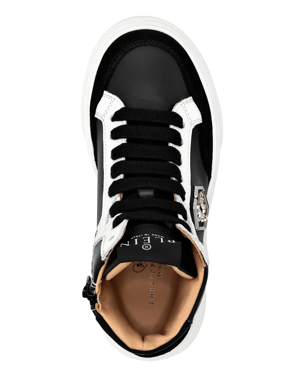 Детские кроссовки кожаные высокие с шестиугольным логотипом LEATHER HI-TOP SNEAKERS HEXAGON PHILIPP PLEIN, Black/White — фото 3