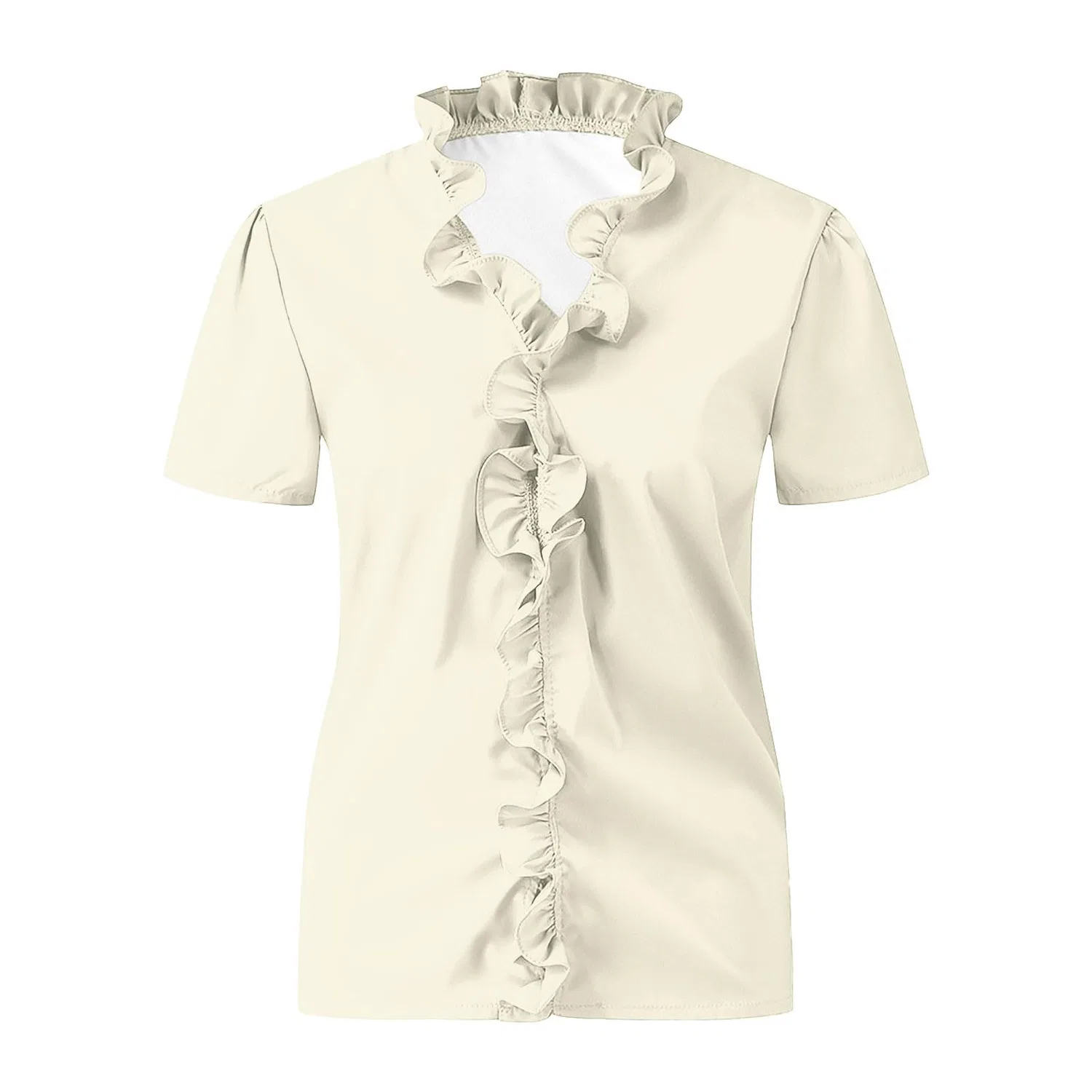 Женская блузка с V-образным вырезом и воланами, с коротким рукавом, Short Sleeve-beige — фото 4
