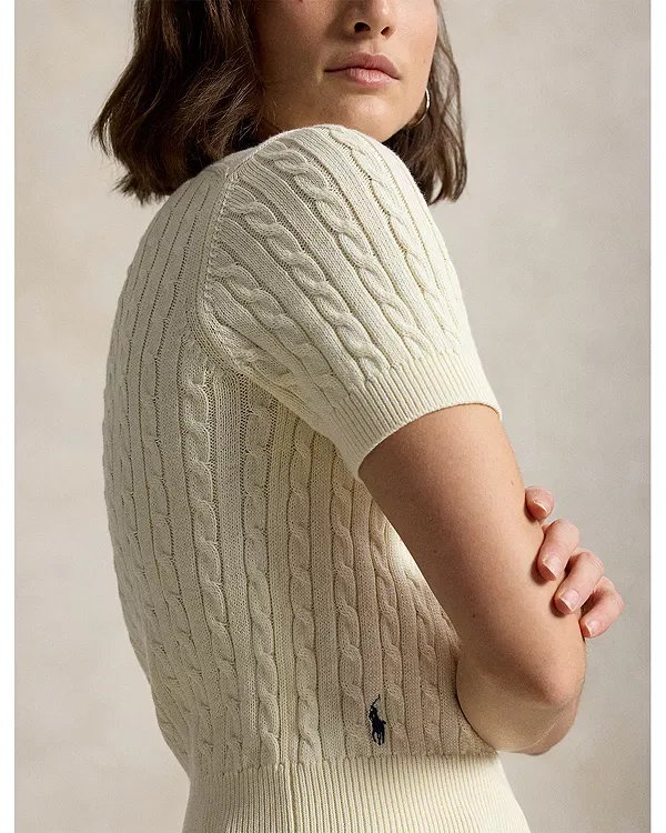 Женский свитер с коротким рукавом Mini Cable Short Sleeve Henley Sweater Ralph Lauren, кремовый — фото 4