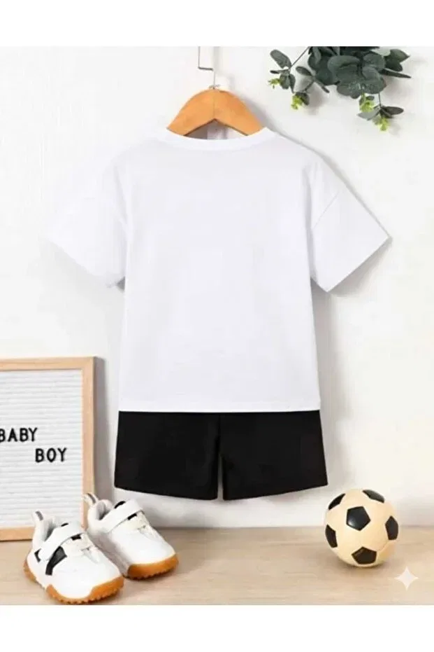 Детский комплект футболки и шорт с принтом Ball Playing Man Nice Clothes, Bottom Black Top White — фото 2