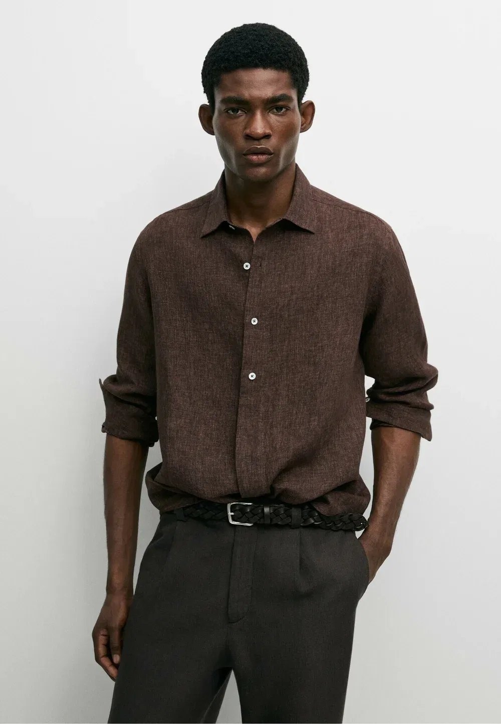 Рубашка из 100% льна, прямого кроя, с пуговицами Massimo Dutti, Dark Brown