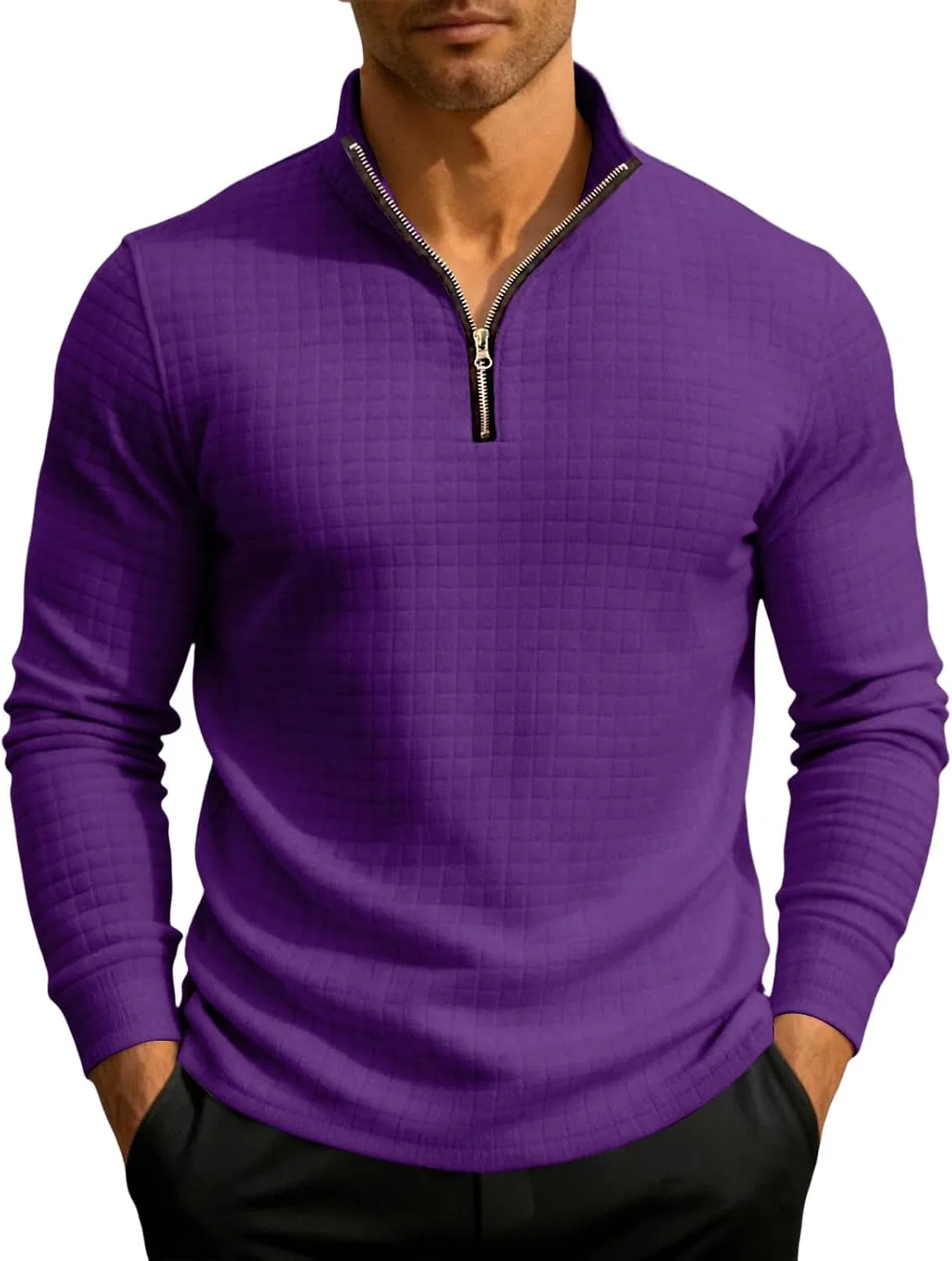 Мужская футболка с длинным рукавом и четверть-застежкой Generic, Purple — фото 2