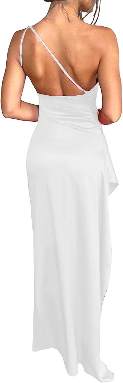 Женское вечернее макси-платье с одним плечом и разрезом, White — фото 3