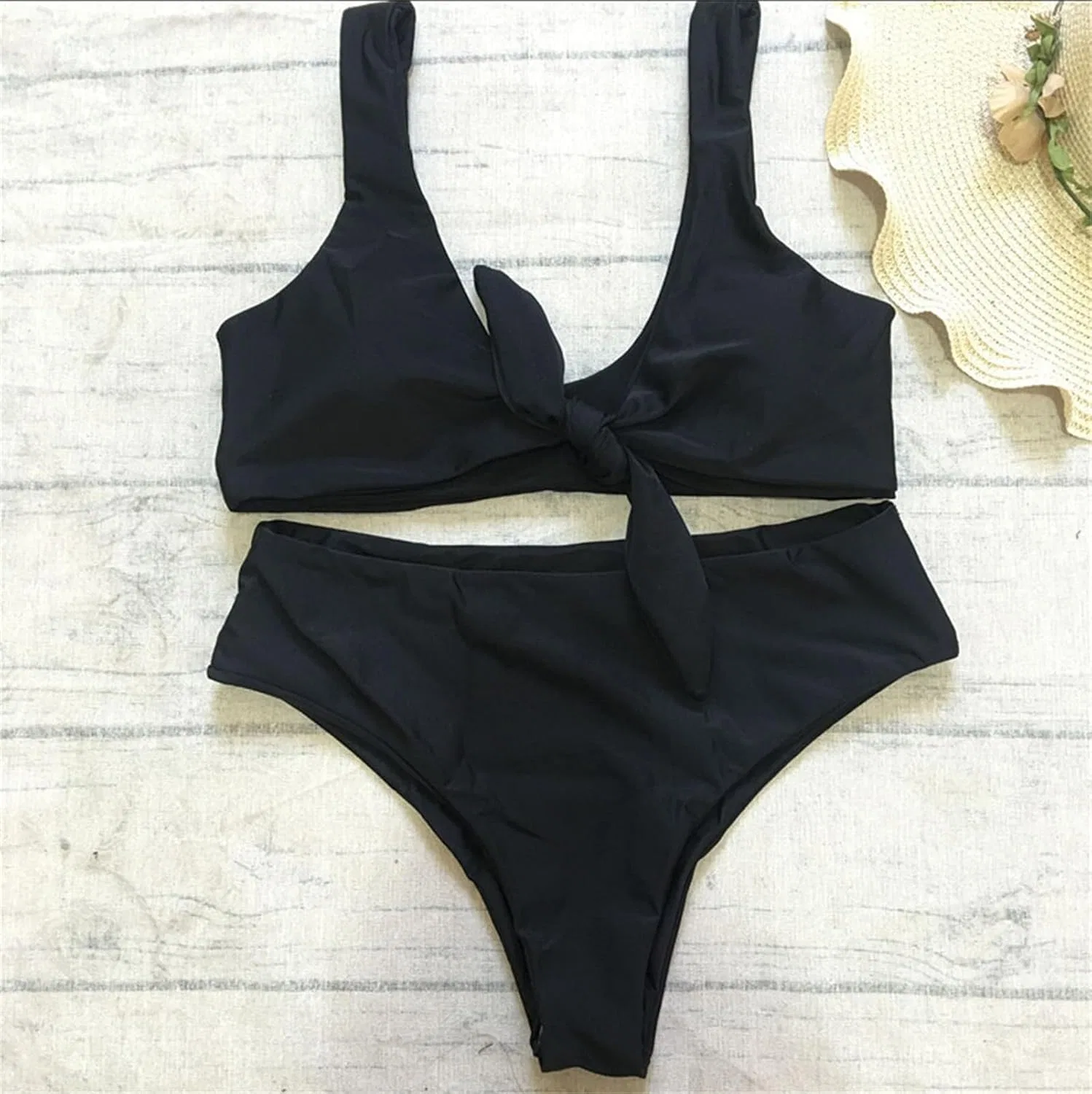 Женский бикини-сет с завязками спереди V-образным вырезом, Black — фото 3