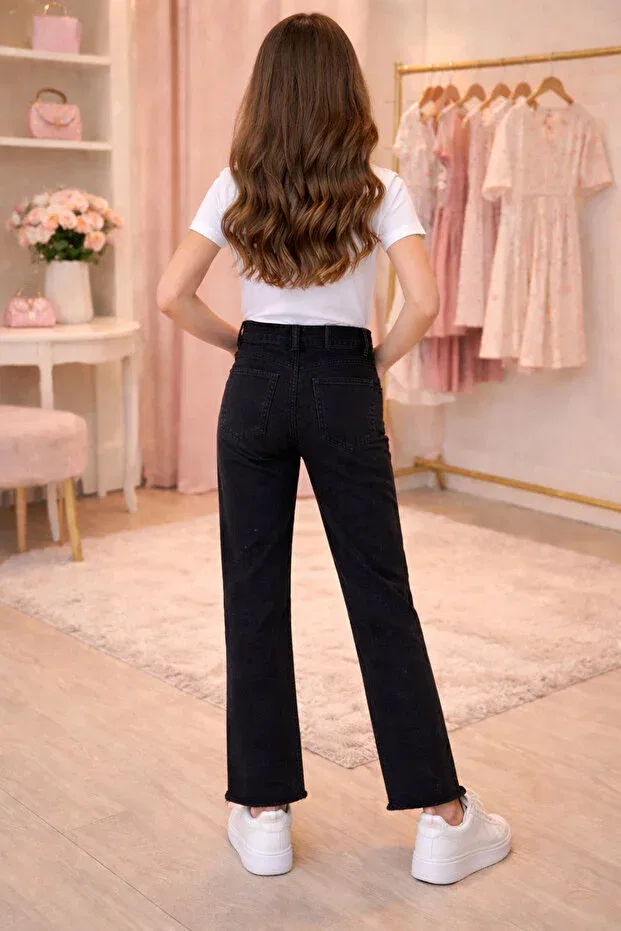 Детские джинсы для девочек прямого кроя с принтом Asil Butik, Black — фото 3