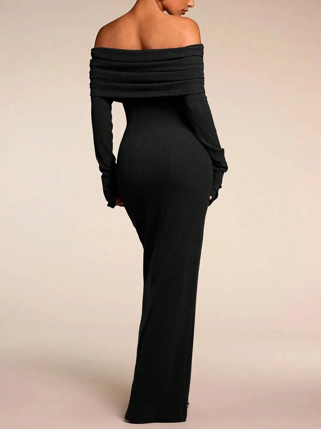 Женское длинное платье с длинным рукавом офф-шолдер, Colorblock, Black — фото 2