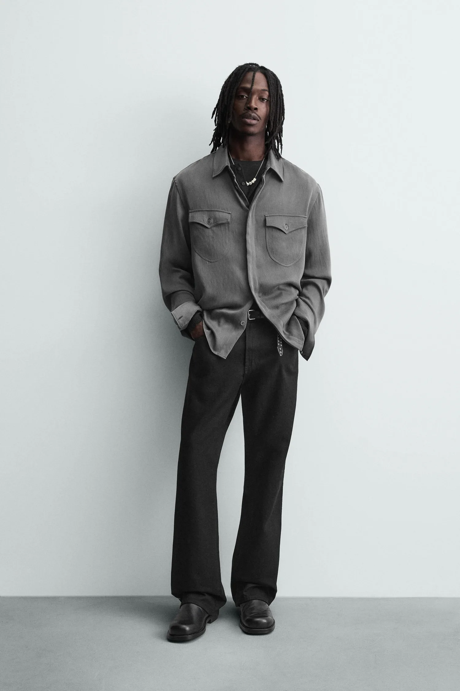 Свободная рубашка с карманами Zara, серый
