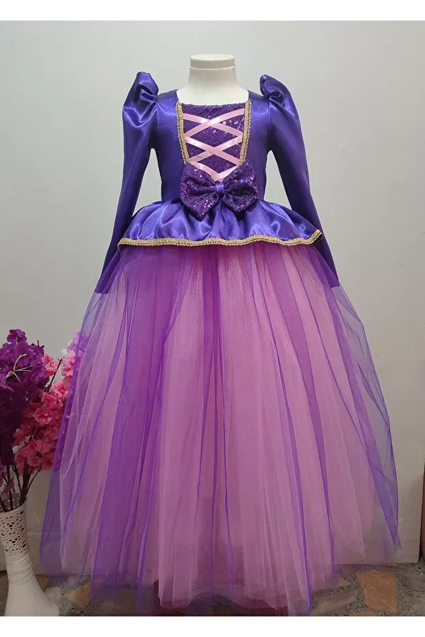 Детское платье для девочек с длинным рукавом Rapunzel costume & girls' birthday dress & rapunzel long-sleeved long-skirted evening dress Boztaş Bebe, Purple — фото 2