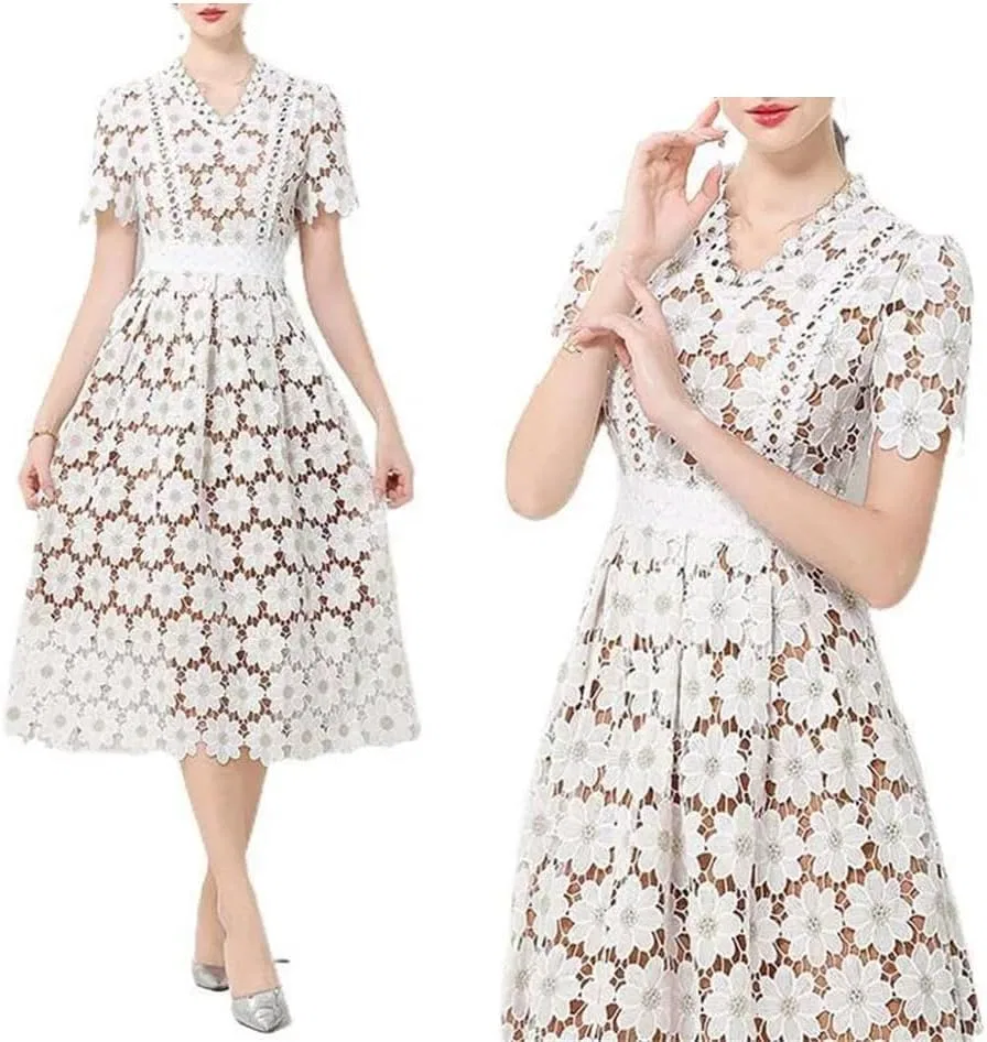 Женское платье с кружевом V-образным вырезом A-line, White — фото 4