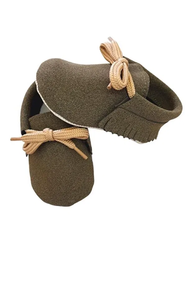 Детские пинетки из нубука на шнуровке Makosen Nubuck Khaki Dumledo, Khaki — фото 2