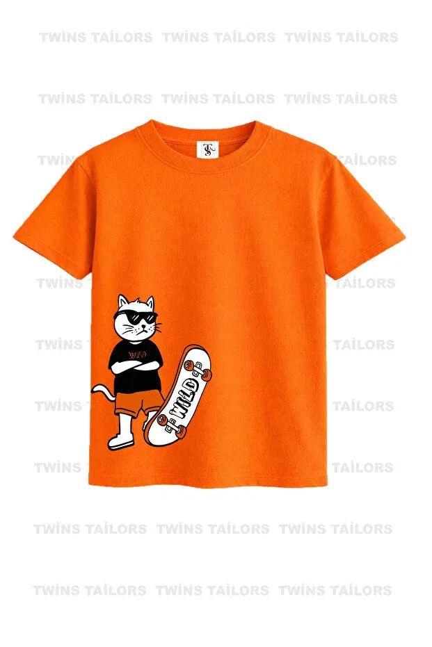Детская футболка для девочек с принтом Skateboarding Cat and Game Twins Tailors, Orange — фото 2
