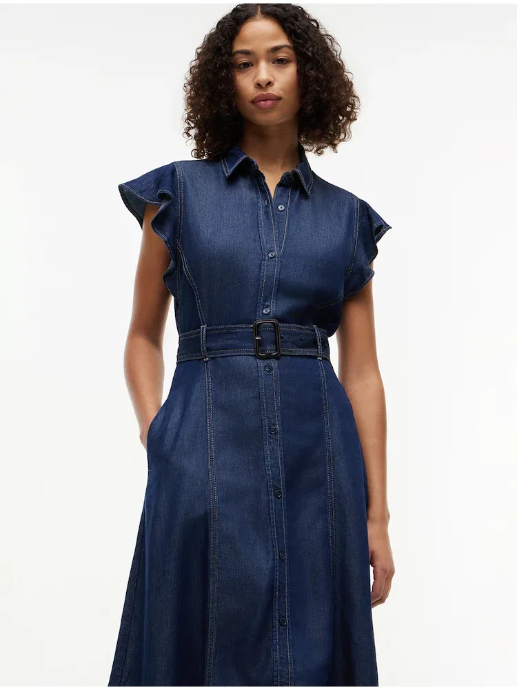 Платье миди с рюшами, Belted Midi Dress TOMMY HILFIGER, Blue — фото 3