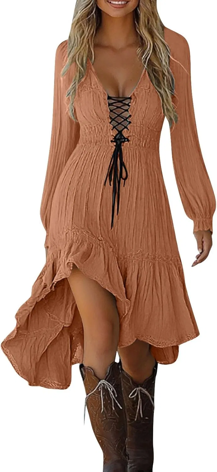 Женское платье с кружевной шнуровкой Western Cowgirl, Coffee